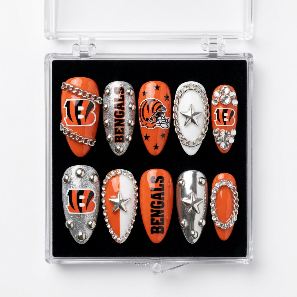 Cincinnati Bengals Handmade Press On Nails | Reusable 3D Nail Set
