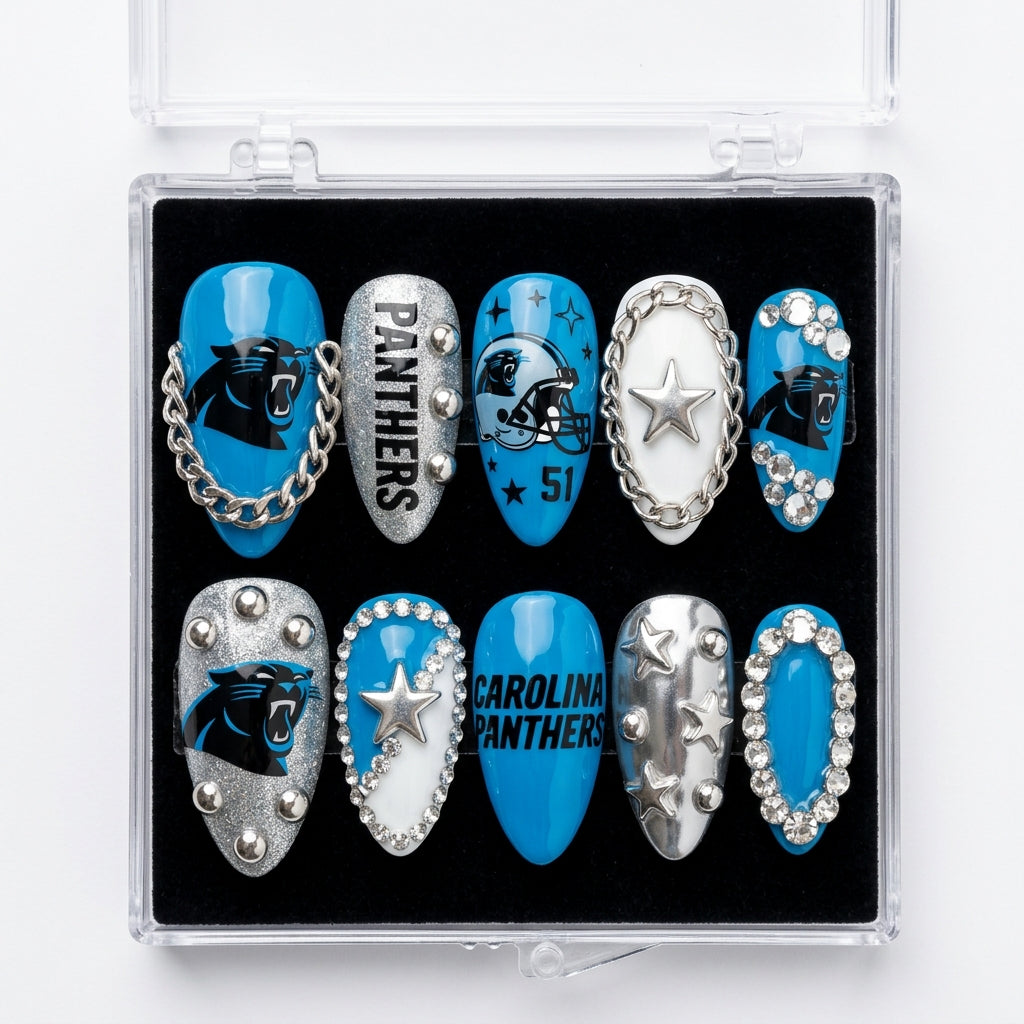 Carolina Panthers Handmade Press On Nails | Reusable 3D Nail Set