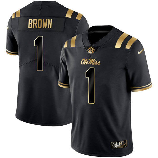 Men’s Ole Miss Rebels Football Black Gold Jersey – All Stitched