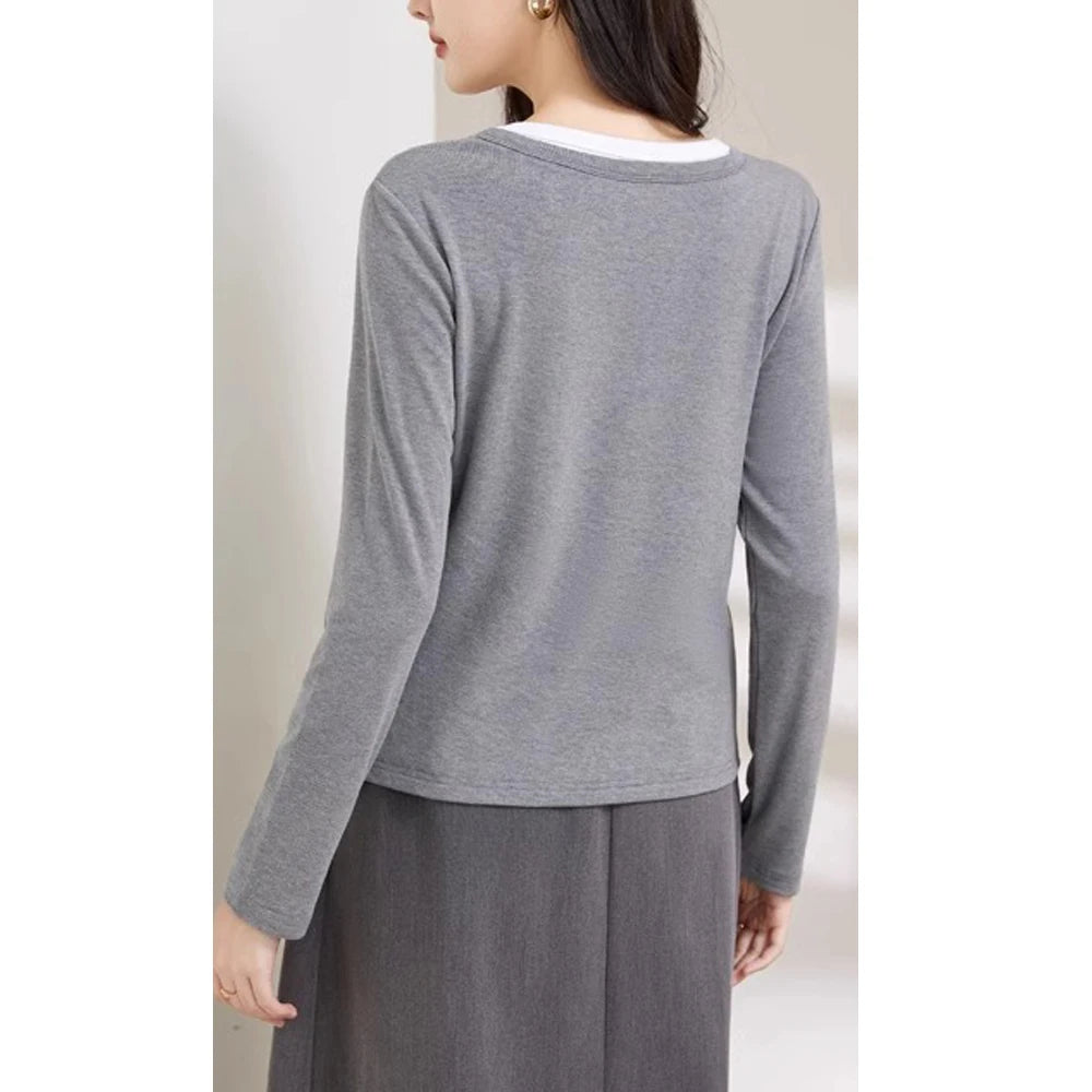 Angola Red Splicing Fake Two piece V-neck T-shirt Women's Long Sleeve Spring and Autumn New Fashion Large Slim Casual Top