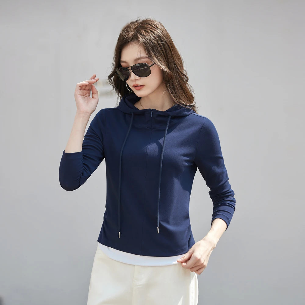 Angola Red Hooded Long Sleeve T-shirt for Women's Spring and Autumn, New High end Cotton Fashion Large Size Slim Fit Hooded Top