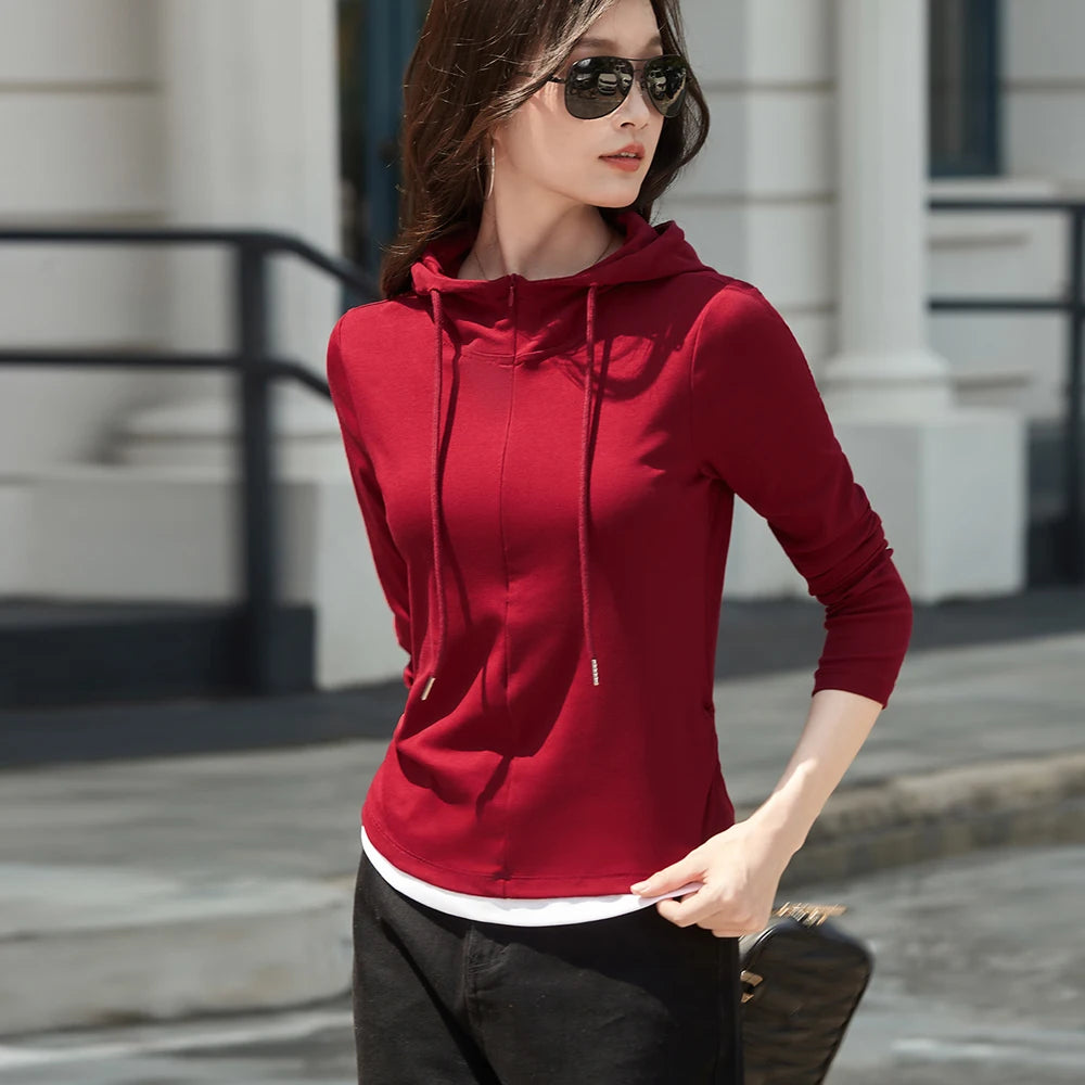 Angola Red Hooded Long Sleeve T-shirt for Women's Spring and Autumn, New High end Cotton Fashion Large Size Slim Fit Hooded Top
