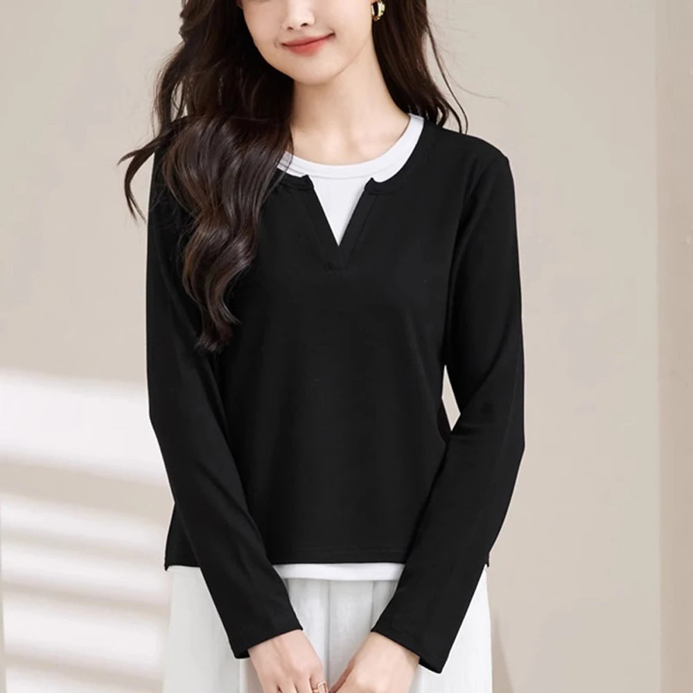 Angola Red Splicing Fake Two piece V-neck T-shirt Women's Long Sleeve Spring and Autumn New Fashion Large Slim Casual Top