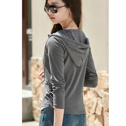 Angola Red Hooded Long Sleeve T-shirt for Women's Spring and Autumn, New High end Cotton Fashion Large Size Slim Fit Hooded Top