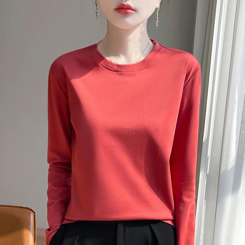 Spring And Summer New Mercerized Cotton Long Sleeve T-shirt Women's Round Neck Loose 100% Cotton Bottoming T-shirt