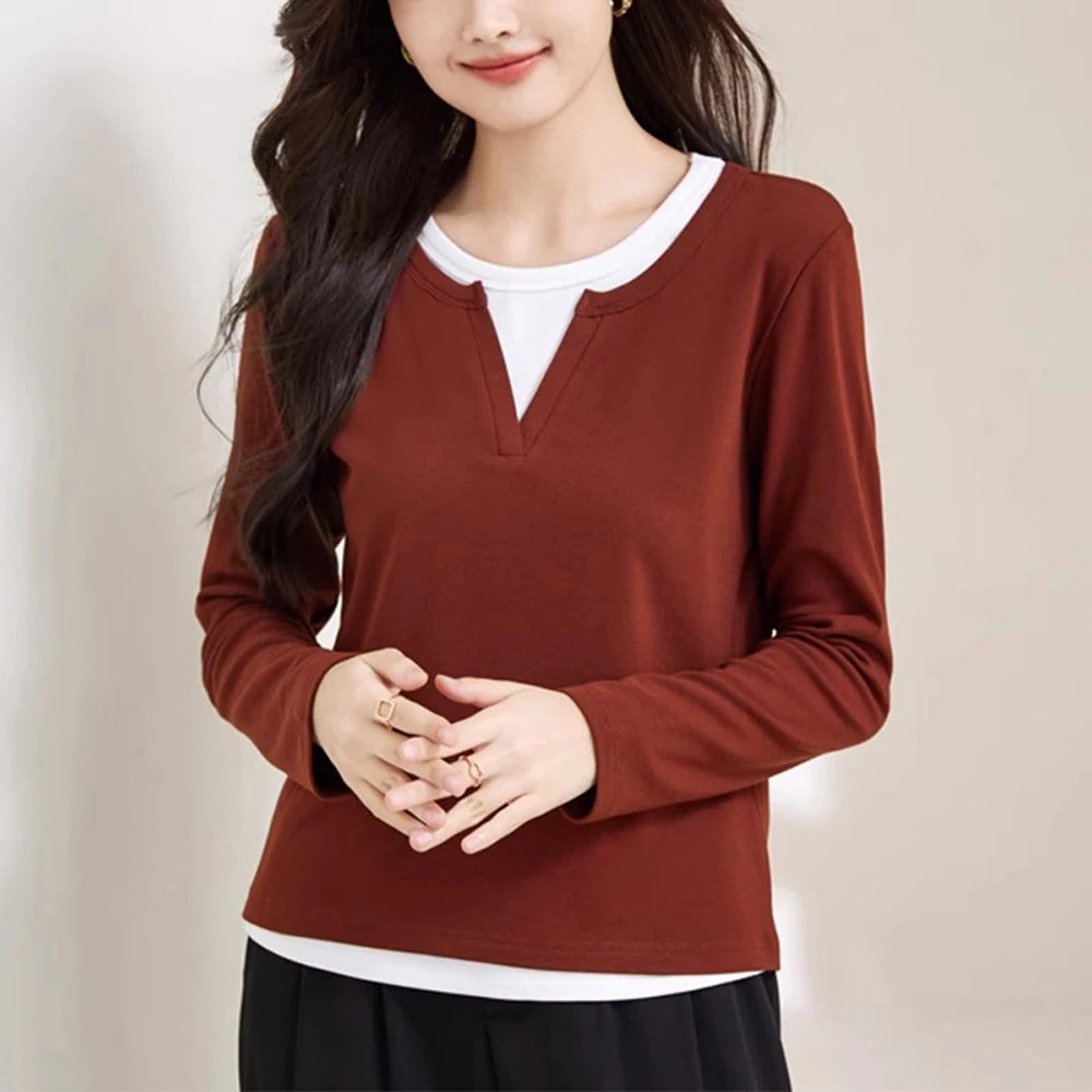Angola Red Splicing Fake Two piece V-neck T-shirt Women's Long Sleeve Spring and Autumn New Fashion Large Slim Casual Top