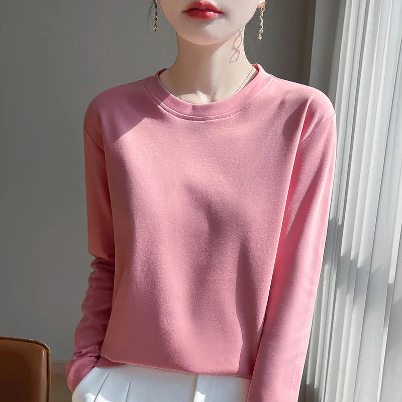 Spring And Summer New Mercerized Cotton Long Sleeve T-shirt Women's Round Neck Loose 100% Cotton Bottoming T-shirt