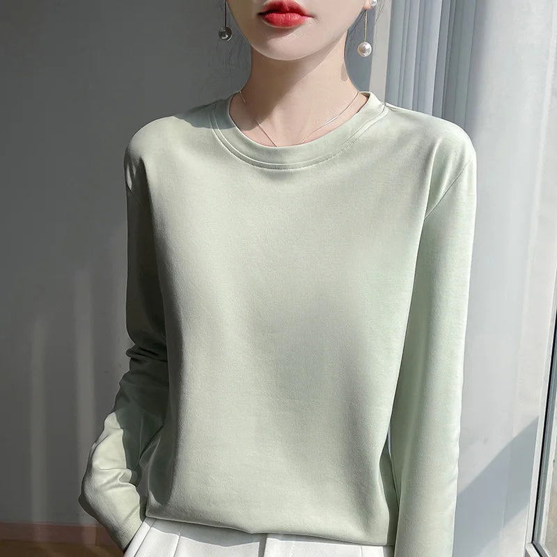 Spring And Summer New Mercerized Cotton Long Sleeve T-shirt Women's Round Neck Loose 100% Cotton Bottoming T-shirt