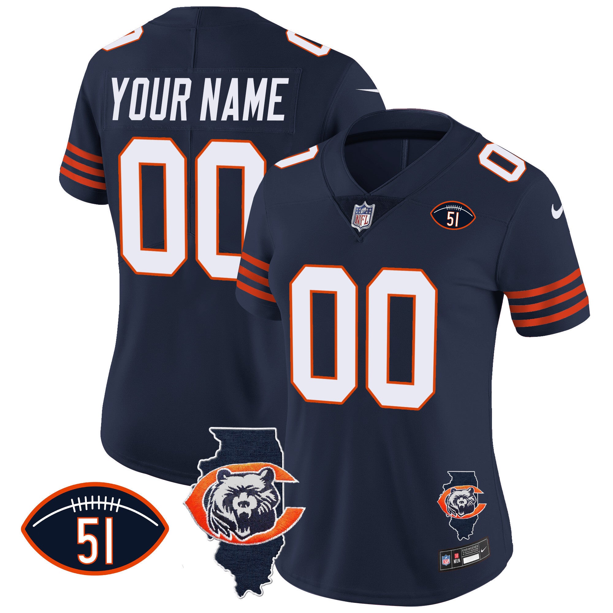 Bears Throwback Illinois Patch Vapor Custom Jersey - All Stitched