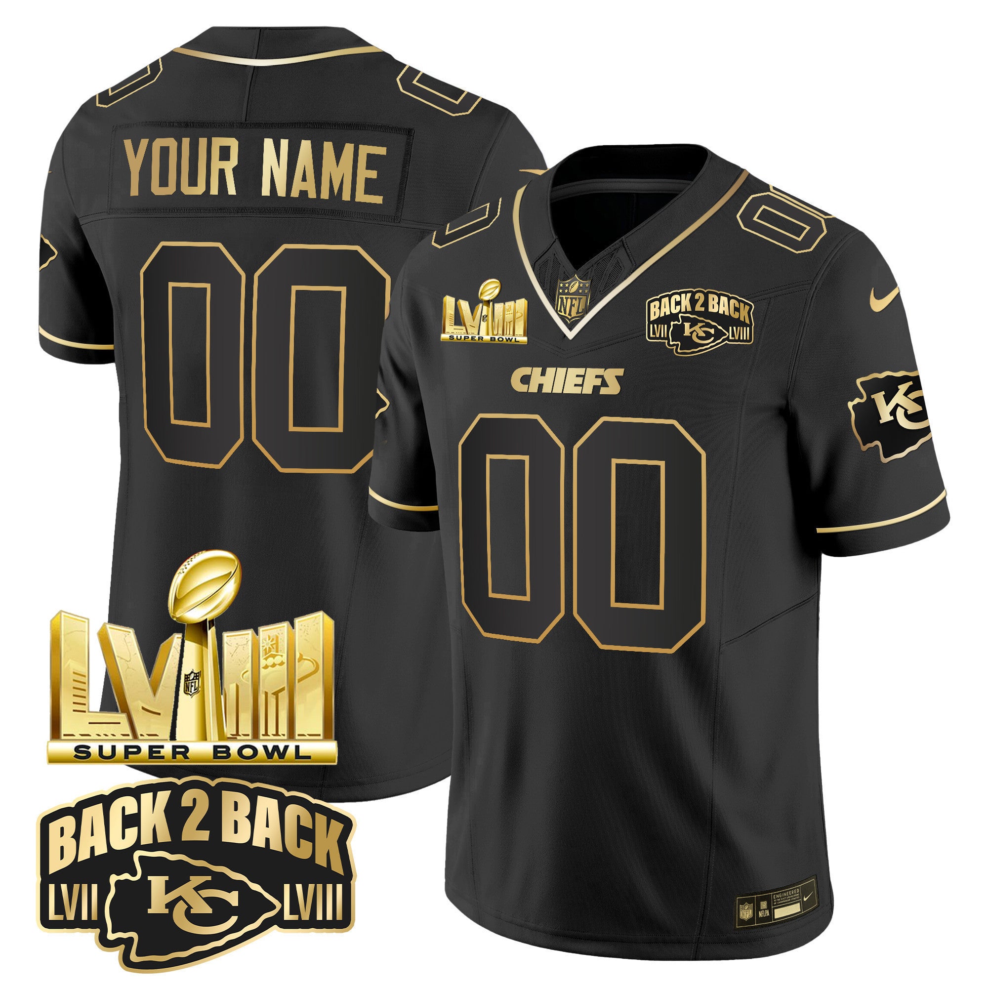 Chiefs Super Bowl LVIII & Back 2 Back Gold Patch Vapor Custom Jersey V2 - All Stitched