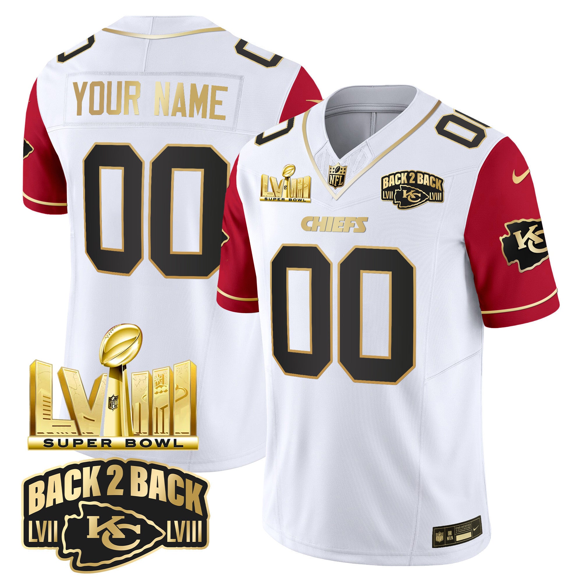 Chiefs Super Bowl LVIII & Back 2 Back Gold Patch Vapor Custom Jersey V2 - All Stitched