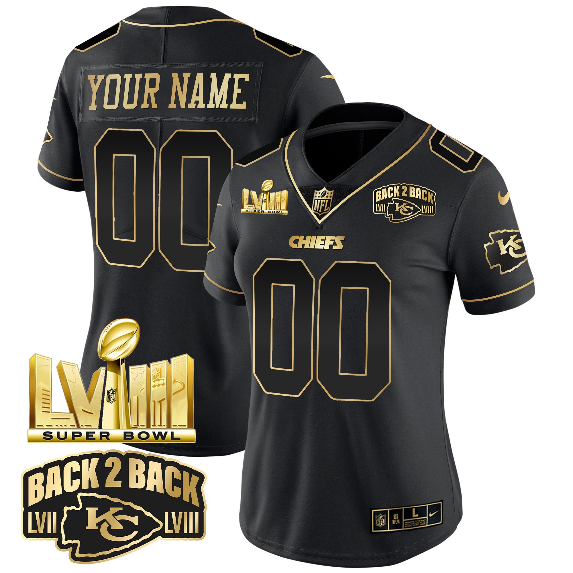Chiefs Super Bowl LVIII & Back 2 Back Gold Patch Vapor Custom Jersey V2 - All Stitched