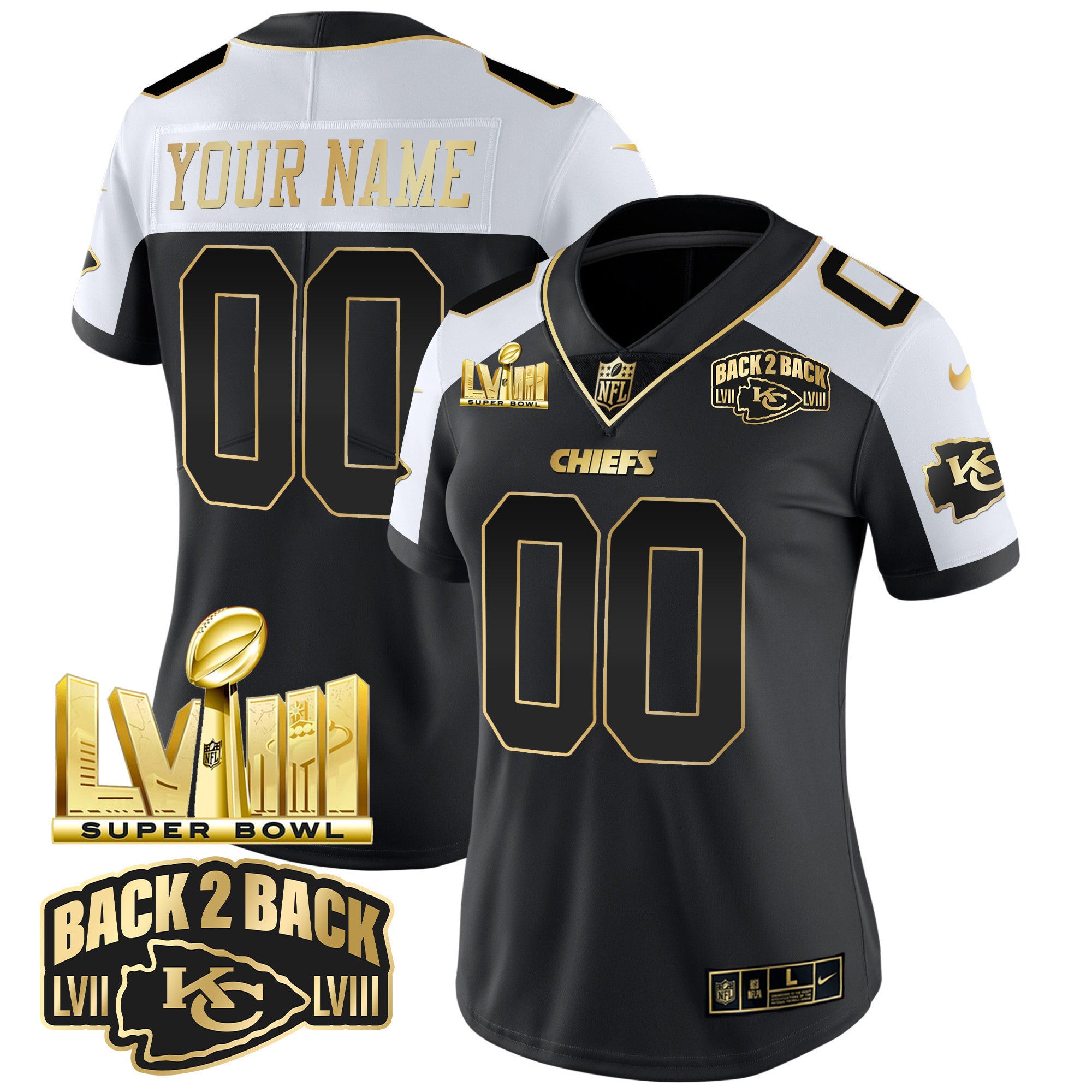 Chiefs Super Bowl LVIII & Back 2 Back Gold Patch Vapor Custom Jersey V2 - All Stitched