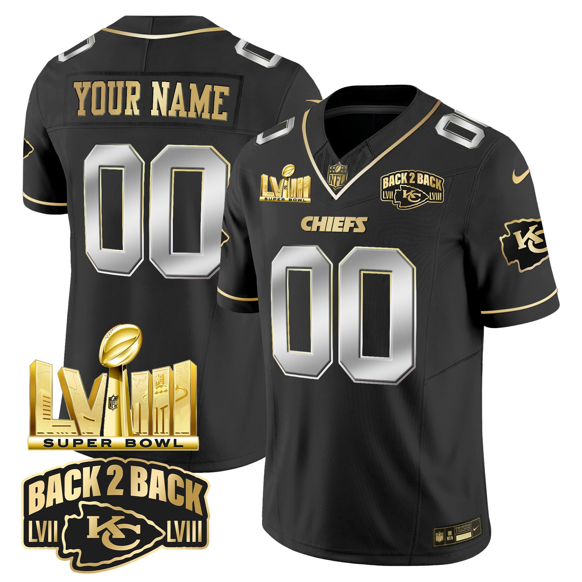 Chiefs Super Bowl LVIII & Back 2 Back Gold Patch Vapor Custom Jersey V2 - All Stitched